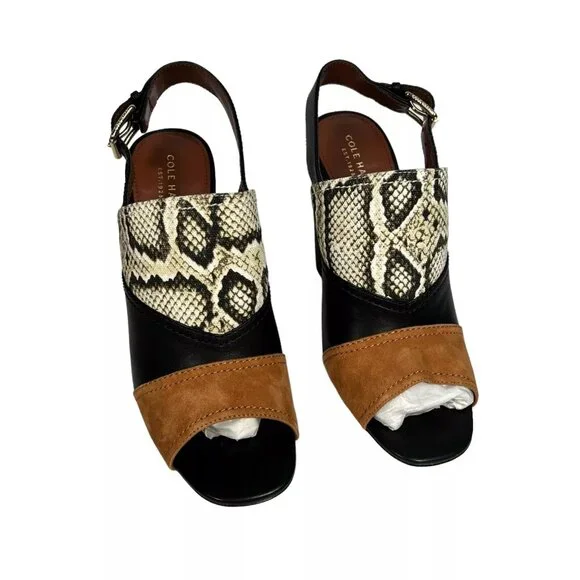 Cole Haan Roccia Snake Black Tabby High Heel Peep Toe Slingback Sandal Size 10B - Picture 8 of 16